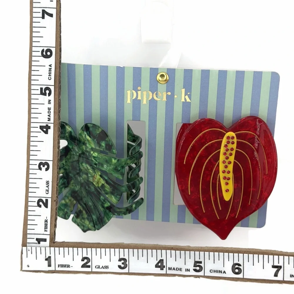 Piper K Anthurium and Palm Tree Leaf Hair Claw Clips Set of 2 Red Green Yellow